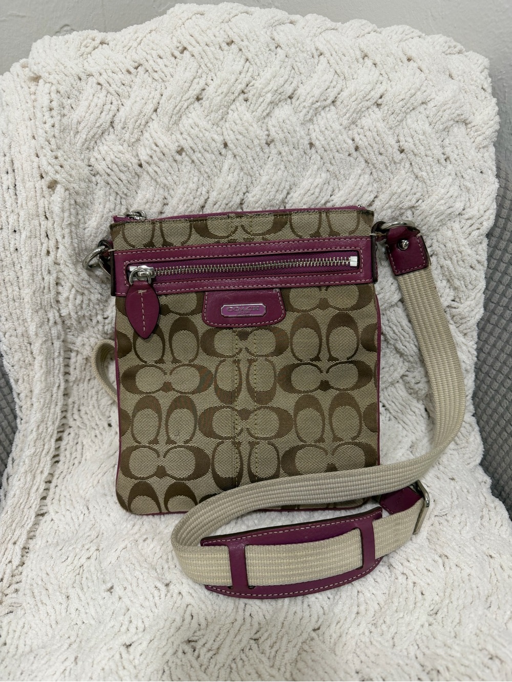 Coach Signature Crossbody in Tan with Pink Trim